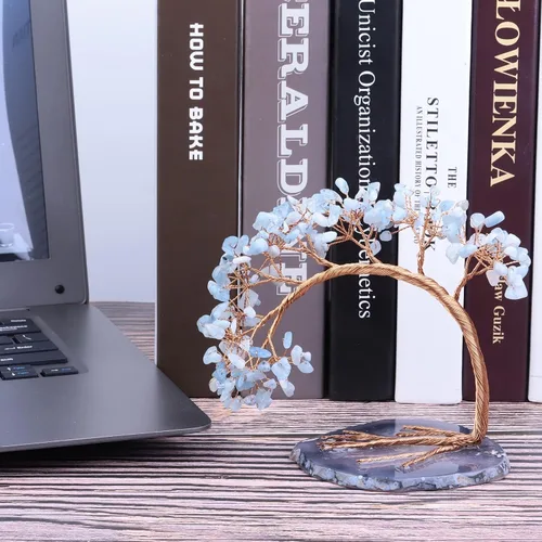 Vista 5 de SUNYIK Árbol de dinero de aguamarina curativa, árbol bonsái de cristal Fengnshui hecho a mano con base de ágata para suerte de riqueza, decoración