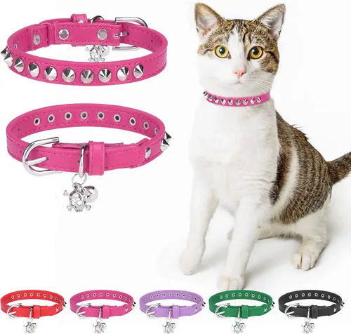 Vista 15 de Collares de cuero DILLYBUD para gatos macho y hembra con campana y cinturón elástico de seguridad, collar ajustable con hebilla de seguridad