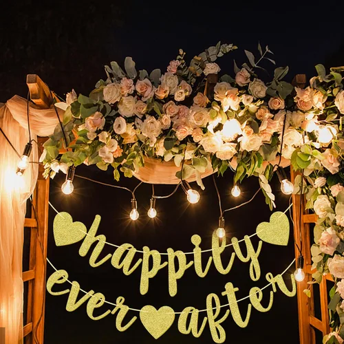 Vista 8 de Cartel de Happy Ever After, decoración de compromiso con purpurina dorada para despedida de soltera, fiesta de boda, fotomatón, banderines cursivos
