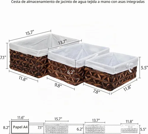 Vista 6 de Cesta de almacenamiento rectangular tejida de hierba marina con asa, Kingwillow. (Madera y jacinto de agua, juego de 3)