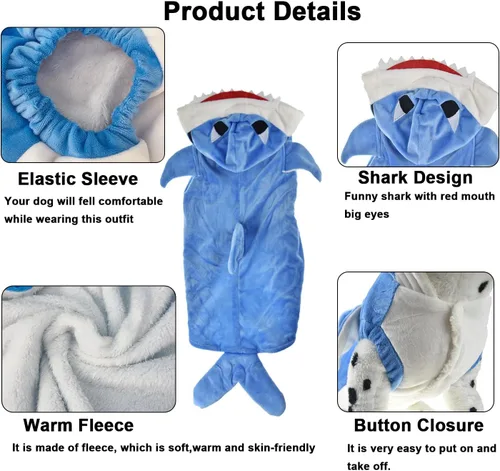 Vista 5 de Disfraz de tiburón para perro de Halloween para perro grande, chaqueta de forro polar de invierno, abrigo con capucha, ropa divertida para perro Azul