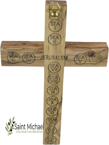 Vista 7 de Crucifijo de pared de cruz de madera de olivo cubierto con nácar con 4 reliquias sagradas, cruz de perla, crucifijo colgante de pared hecho
