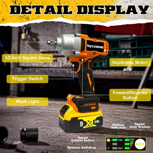 Vista 7 de Llave de impacto inalámbrica para batería Dewalt de 20 V, 1/2 pulgada, 590 pies-libras (800 N.m), pistola de impacto de alto par, destornillador