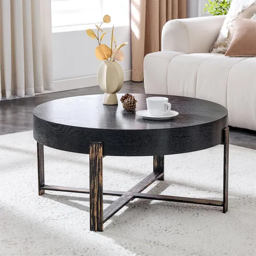Vista 10 de LKTART Mesa de centro para sala de estar, mesas de centro redondas de madera con almacenamiento, mesa de té moderna de centro de metal para Marrón