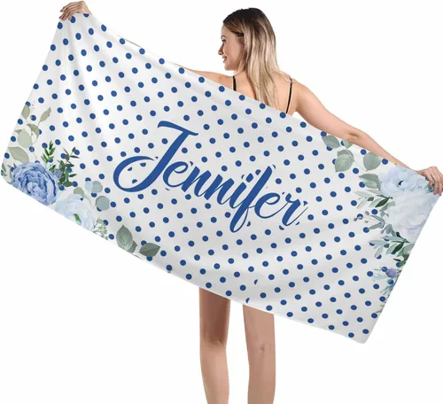 Vista 2 de Artsadd Toalla de playa personalizada con nombre, toallas de playa personalizadas con puntos azules y flores, toallas de playa con nombre