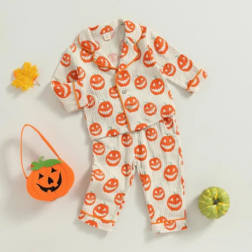 Vista 2 de Conjunto de camiseta de manga larga con botones y pantalones de algodón para bebé niña y niño de Halloween