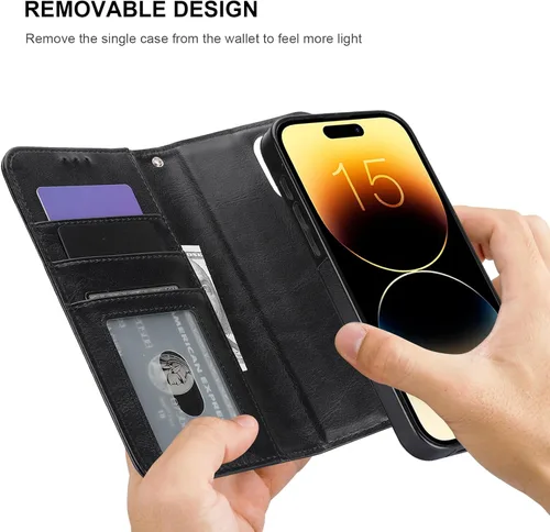 Vista 3 de Funda tipo cartera desmontable Bocasal para iPhone 15 Pro Max con bloqueo RFID, ranuras para tarjetas, soporte magnético, cuero PU premium, atril