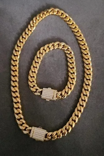 Vista 2 de Juego de collar y pulsera de eslabones cubanos de acero inoxidable para mujeres y hombres (unisex), gargantilla cubana sin deslustre, joyería de hip