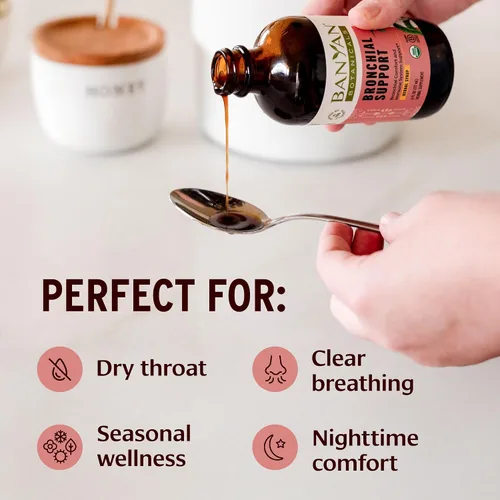 Vista 2 de Banyan Botanicals Jarabe orgánico de apoyo bronquial – Soporte para el pecho y los pulmones para niños – Jarabe calmante para la tos y garganta
