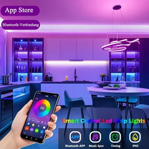 Vista 3 de Luces LED para dormitorio con alimentación USB, tiras de luz LED Bluetooth de 32.8 pies, aplicación inteligente y control remoto, IP65 resistente al
