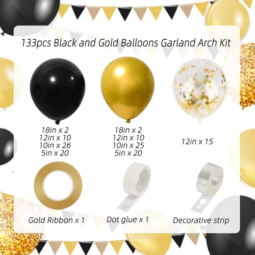 Vista 2 de RUBFAC Globos negros y dorados, decoraciones de graduación 2026, 130 piezas de globos de confeti de metal negro dorado y metálico, kit de arco