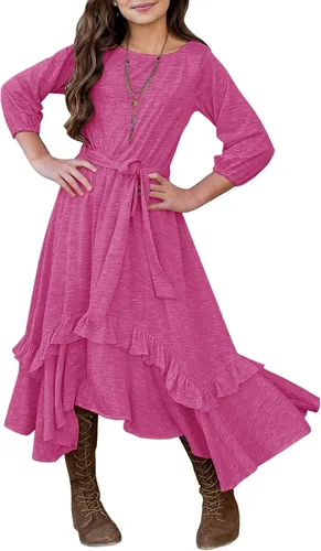 Vista 18 de MITILLY Vestido largo maxi suelto liso de manga 3/4 casual con bolsillos y volantes estilo swing con cinturón para niñas 01 Azul oscuro fultter