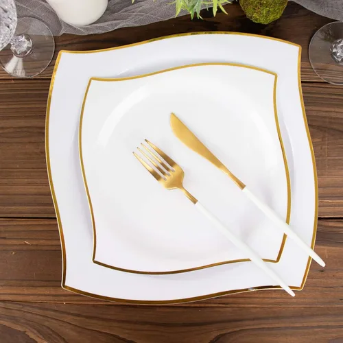 Vista 9 de Efavormart - Paquete de 10 platos cuadrados de postre de plástico con borde ondulado blanco y dorado de 8 pulgadas, elegante vajilla desechable