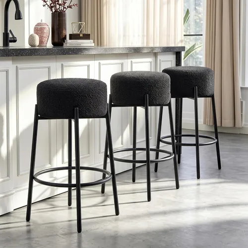 Vista 7 de Juego de 2 taburetes de bar modernos de altura de mostrador, taburetes de bar giratorios negros Boucle para isla de cocina, cómodas sillas tapizadas