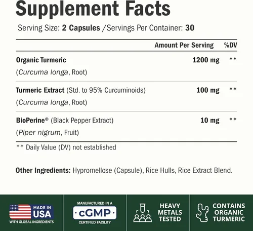 Vista 2 de Suplemento de curcumina de cúrcuma con extracto de pimienta negra, cúrcuma orgánica de alta potencia, 1200 mg y 95% curcuminoides para la salud