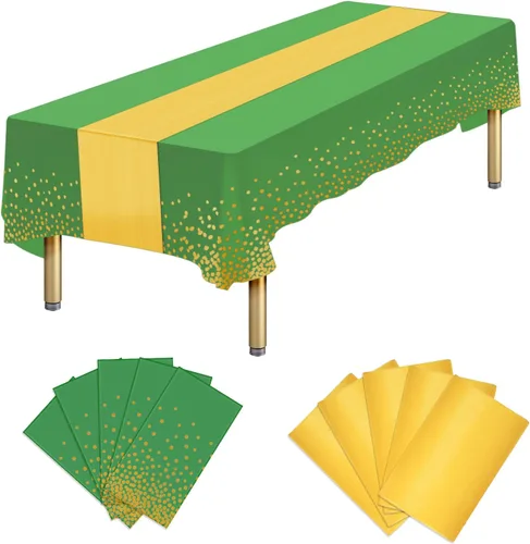 Vista 9 de Paquete de 10 manteles rectangulares de plástico y camino de mesa de satén, mantel desechable negro rectangular y dorado para cumpleaños