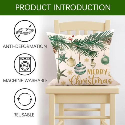 Vista 4 de Juego de 4 fundas de almohada decorativas de árbol de pino de Navidad de 18 x 18 pulgadas, bolas de alegría de Navidad, copos de nieve dorados