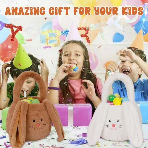 Vista 7 de OurHonor Cesta de Pascua de felpa, cesta de Pascua de conejo para niños, cubos de felpa con bolsas largas para las orejas para niños y niñas, bolsas