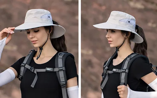 Vista 4 de Sombrero de sol de verano para mujer, cola de caballo, protección UV, ala ancha, plegable, sombrero Beige