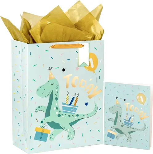 Vista 18 de WRAPAHOLIC Bolsa de regalo grande de 13 pulgadas con tarjeta y papel de seda, adorable bolsa de regalo de elefante para bebé, baby shower, fiesta