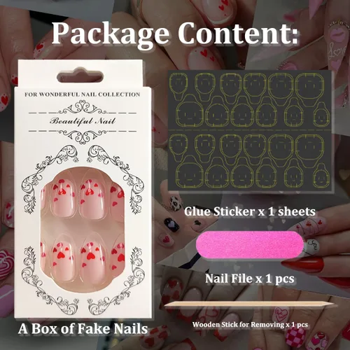 Vista 2 de Uñas postizas a presión en forma de almendra, 24 unidades, diseño de corazón rojo, uñas postizas con pegamento de cobertura completa para el día