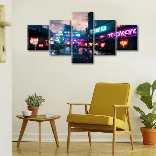 Vista 166 de Cuadros de 5 paneles de Cyberpunk City, arte de pared, representación de vallas publicitarias, edificios modernos en la capital con obras de arte