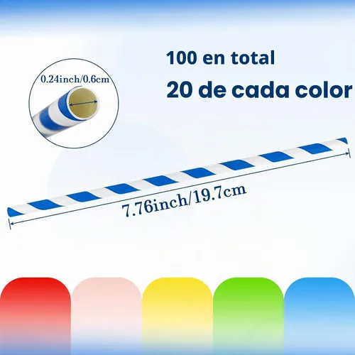 Vista 2 de 100 popotes de papel biodegradables a granel, varios colores del arco iris a rayas, pajitas para jugos, batidos, cócteles, café, refrescos, batidos