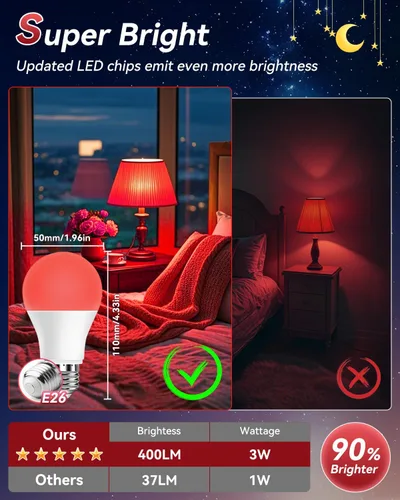 Vista 3 de Bombillas LED Neporal de 3 W 625 nm de color rojo para dormir, 100% de bloqueo de luz azul, luz nocturna roja para promover la melatonina, bombilla