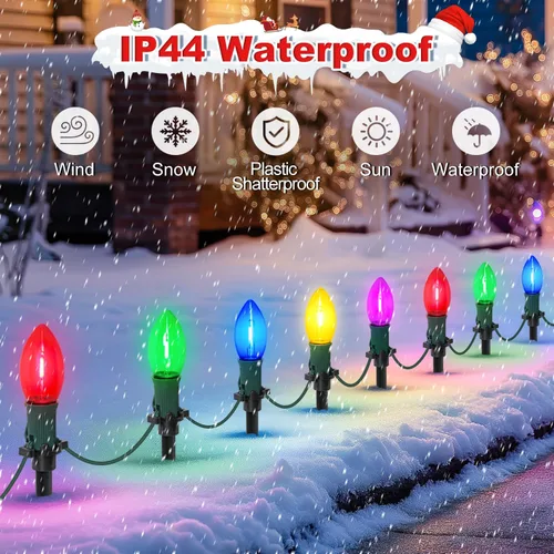 Vista 4 de USOKYO Luces LED C9 de 60 pies para caminos de Navidad al aire libre, 40 bombillas multicolor, impermeables, conectables, luces extralargas
