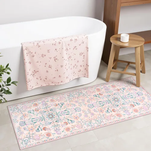 Vista 9 de Uphome Alfombra de baño bohemia con diseño floral beige, ultra suave, antideslizante, vintage, lavable a máquina, alfombra de baño floral para baño