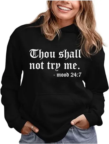 Vista 4 de Sudadera con capucha para mujer con texto en inglés "Thou Shall Not Try Me