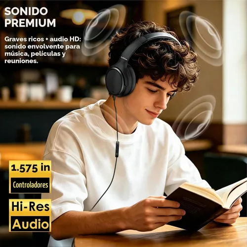 Vista 2 de Auriculares USB C con cable con micrófono, auriculares tipo C sobre la Negro