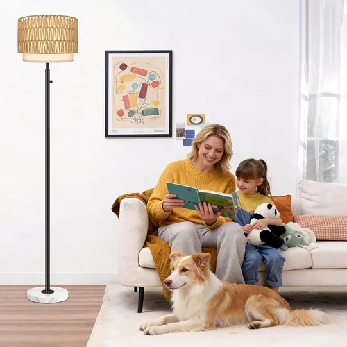Vista 4 de Lámparas de pie para sala de estar, bombilla LED incluida, lámpara de pie regulable con pantalla de lino, lámpara de pie moderna con base de mármol