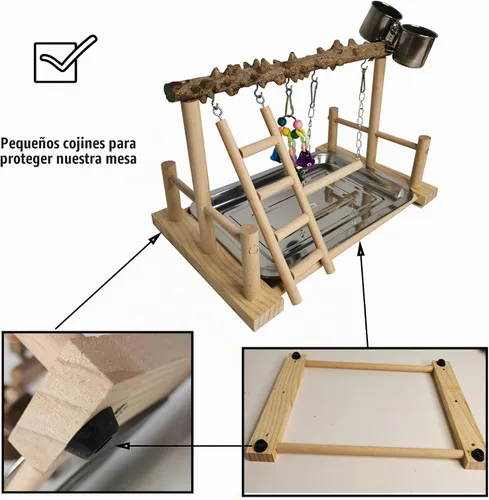 Vista 4 de Hamiledyi Parque de Loros Juguetes de Pájaros Soporte de Madera Ejercicio Perca Gimnasio con Tazas Alimentadoras Juguetes para Cacatúas con Escalera