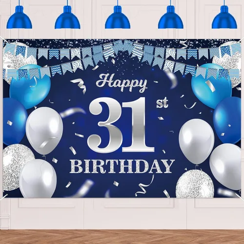 Vista 72 de Bandera de feliz primer cumpleaños con fondo azul marino, globos, confeti, bandera de rayas, luces de puntos, felicitaciones por el tema de 1 año