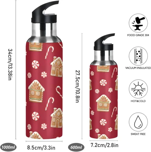 Vista 2 de Insulated Water Bottle 20 Oz, BPA-Free Sport Water Bottle for Gym Outdoor Travel School, Gingerbread Houses