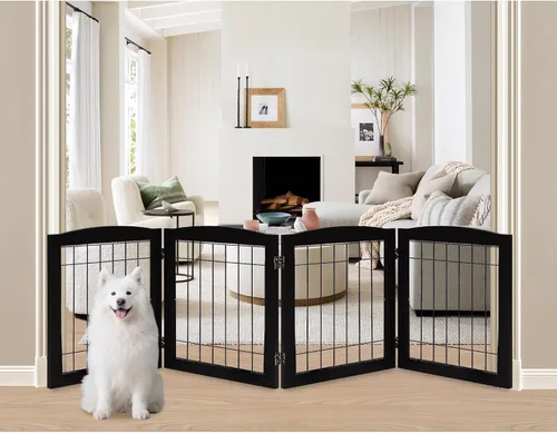 Vista 23 de LZRS Puerta plegable independiente de madera para perros de 2 paneles, madera maciza y alambre de acero, barrera para mascotas resistente a