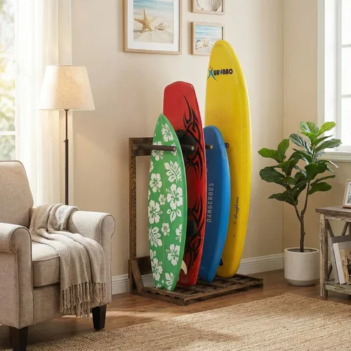 Vista 3 de MyGift Estante vertical independiente para tablas de surf de 4 pies de alto, estilo casa de playa, soporte de almacenamiento para tabla de remo SUP