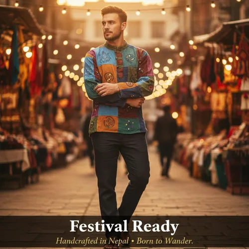 Vista 2 de Shopoholic Fashion Mens Boho Patchwork Cotton Long Sleeves Stonewashed Mandarin Collar Hippie Summer Festivals Shirt