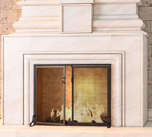 Vista 3 de Kingson Pantalla para chimenea con puertas magnéticas, 2 paneles hechos a mano de hierro forjado sólido, malla decorativa, protección contra chispas