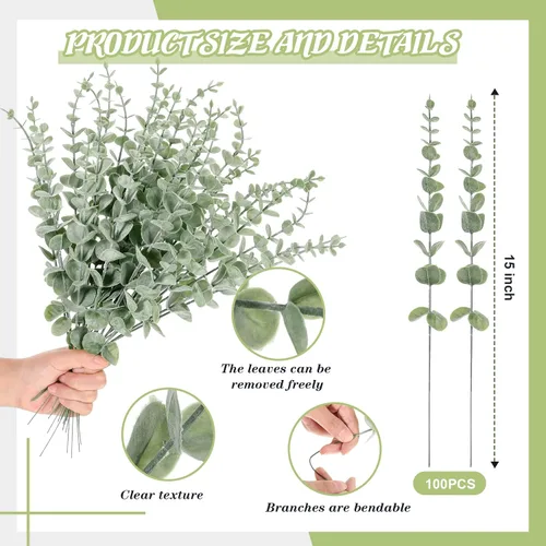 Vista 2 de 100 tallos de eucalipto, hojas de eucalipto artificiales, decoración de eucalipto, ramas de vegetación sintética para centros de mesa de boda, ramo