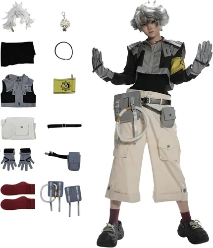 Vista 9 de Gachiakuta Rudo - Disfraz completo de cosplay con accesorios, uniforme gris con capucha para Halloween