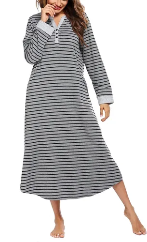 Vista 2 de Ekouaer Camisón largo para mujer con cuello en V, ropa de dormir de longitud completa con bolsillos