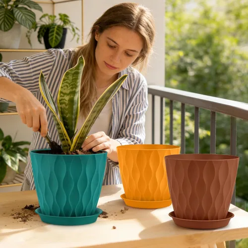 Vista 4 de YNNICO Macetas de 8 pulgadas, paquete de 6 macetas de plástico con drenaje Macetas de plástico ligeras y multicolor para jardín para plantas
