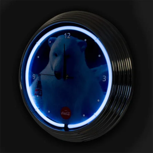Vista 2 de Coca Cola Polar Bear Reloj de pared de neón con luz azul de 15 pulgadas