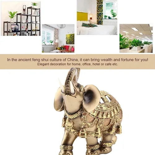 Vista 3 de Estatua de elefante de poliresina dorada, escultura, tronco, riqueza, figurita coleccionable, regalo, decoración del hogar, adorno de Feng Shui