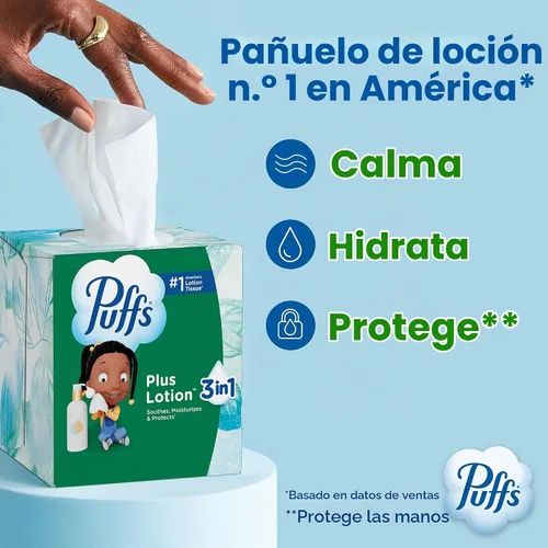Vista 2 de Puffs Plus Loción Facial Tissue, 1 caja de cubo, 48 pañuelos por caja