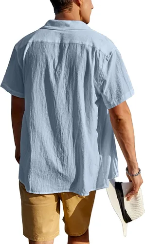 Vista 3 de COOFANDY Camisas de lino de algodón para hombre, ajuste relajado, manga corta, camisa con botones, plisada, guayabera