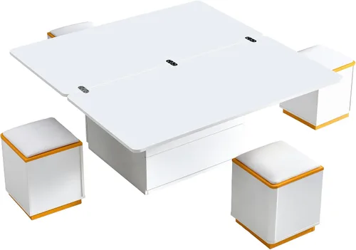 Vista 9 de Mesa auxiliar elevable con 4 taburetes de almacenamiento, moderna mesa central de ahorro de espacio con parte superior plegable, mesa de centro