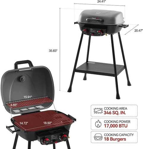 Vista 3 de Royal Gourmet GT2003 Parrilla portátil de gas propano de 2 quemadores con soporte y rejilla calefactora, combo de parrilla y plancha 2 en 1